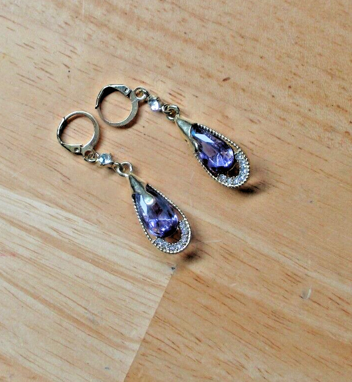 Purple Crystal Droplet Shaped Earrings, 18K Gold Plated