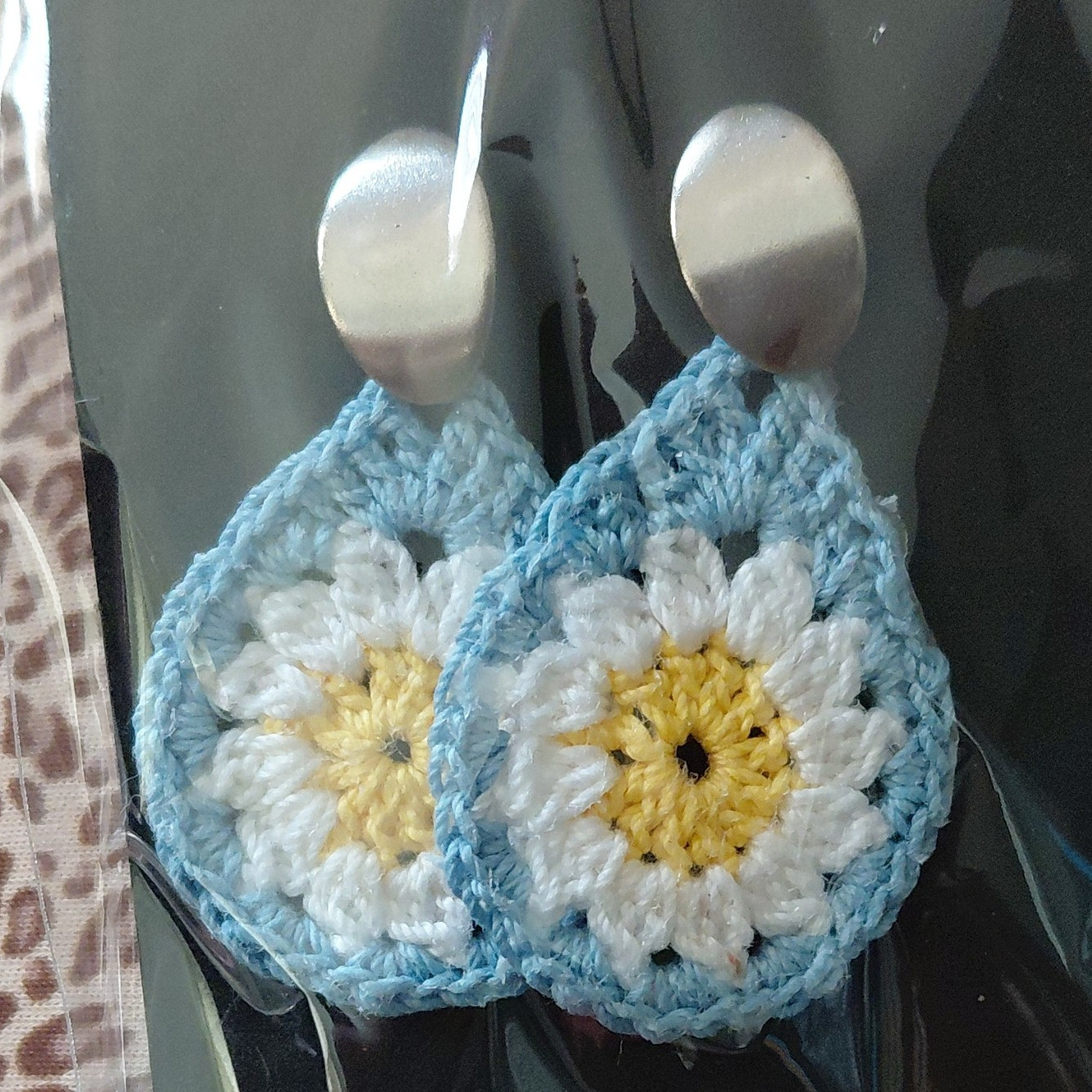 Handmade Crocheted Cotton Teardrop Dangle Earrings Multicolor Daisy Flower