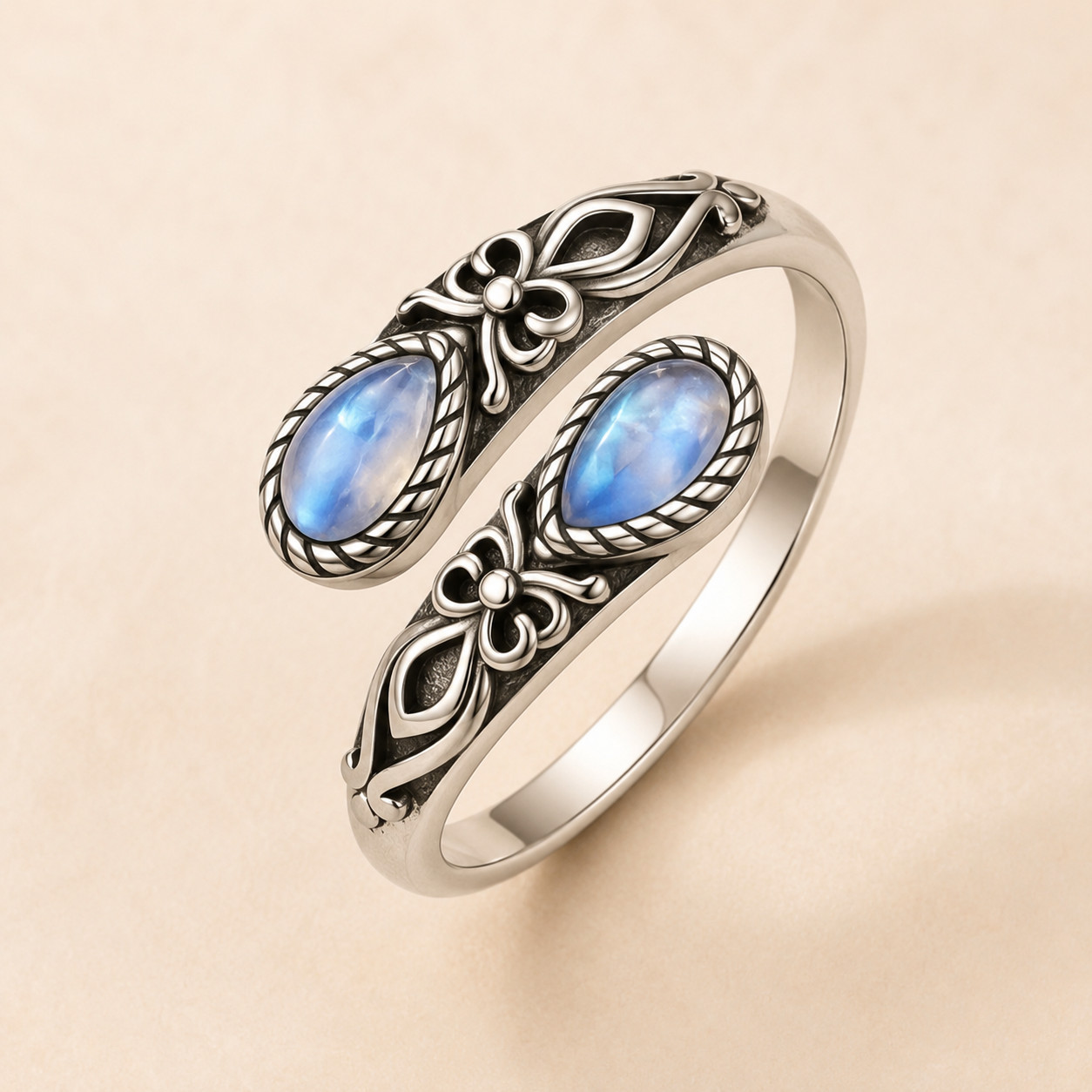 Adjustable Open Spoon Ring Criss Cross Moonstone Gemstone Band