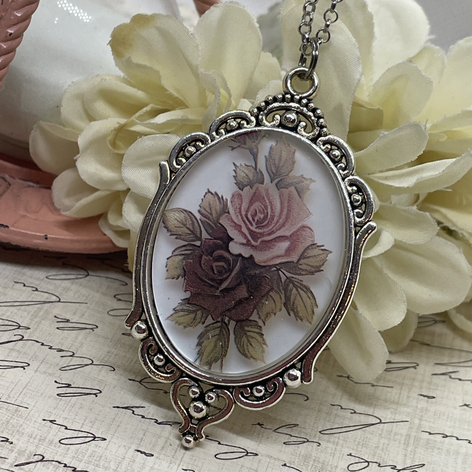 Silver Pink Mauve Burgundy Rose Necklace Mom Gift Wedding Bridal Bridesmaids lrg