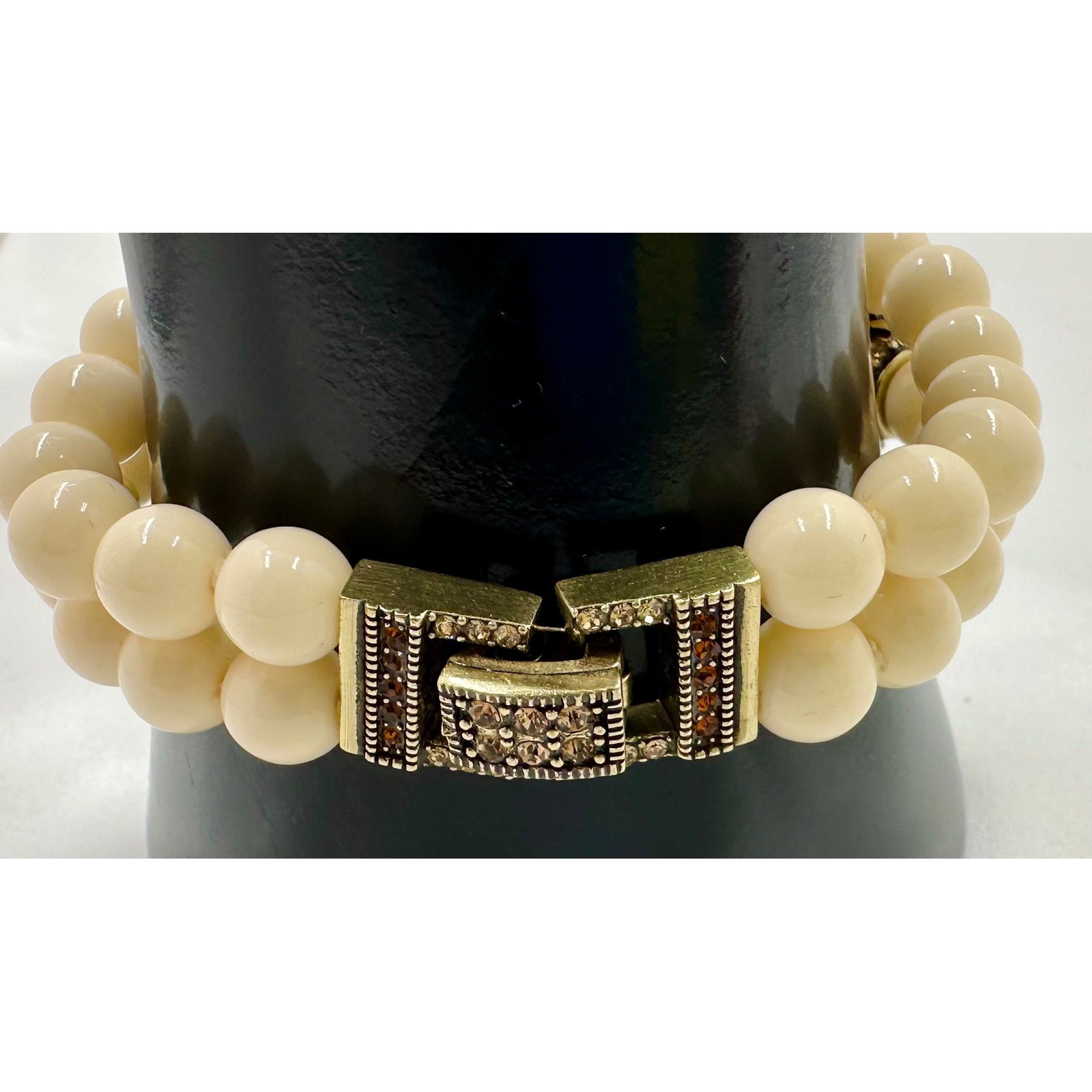 Heidi Daus Cream Faux Pearl Double Strand Bracelet Bronzetone Crystal Clasp 8in