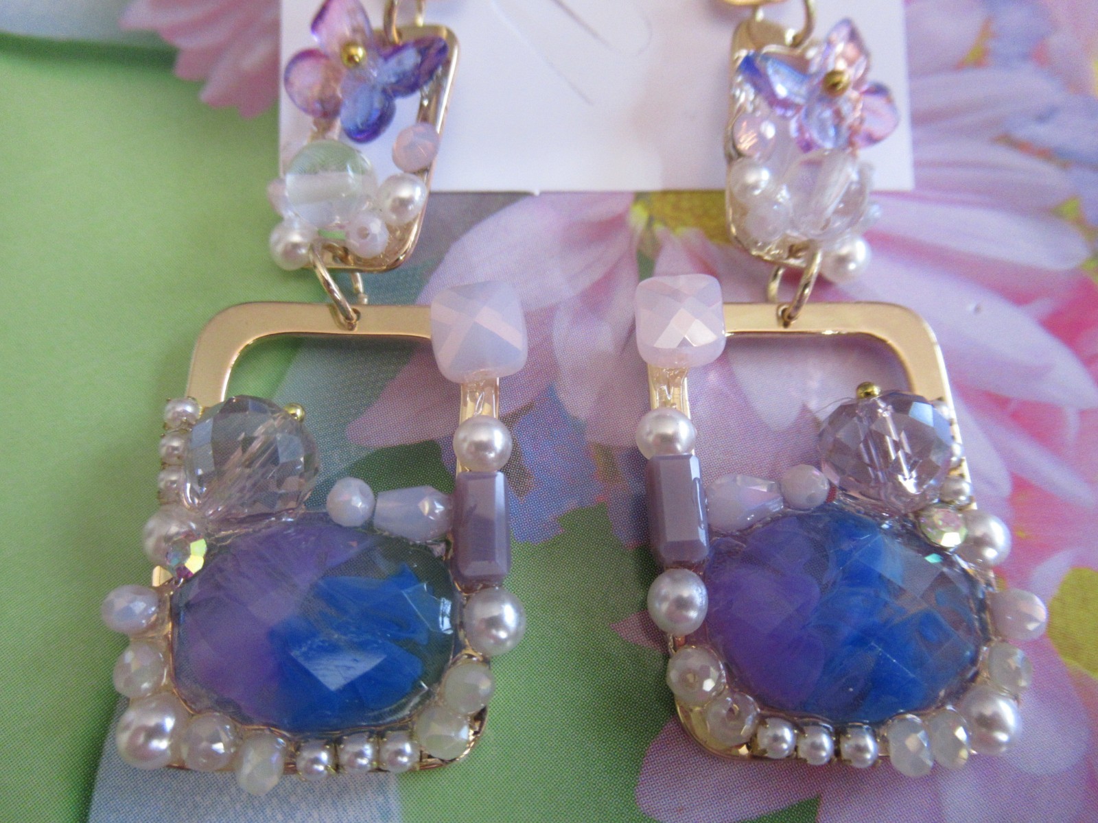 BEAUTIFUL GEMSTONES BLUE PINK BUTTERFLY GOLD DANGLE EARRINGS NWT