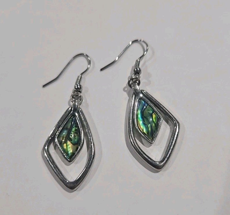 Earrings Abalone Shell Silver Tone Open Tear Drop Frame French Wire Hooks
