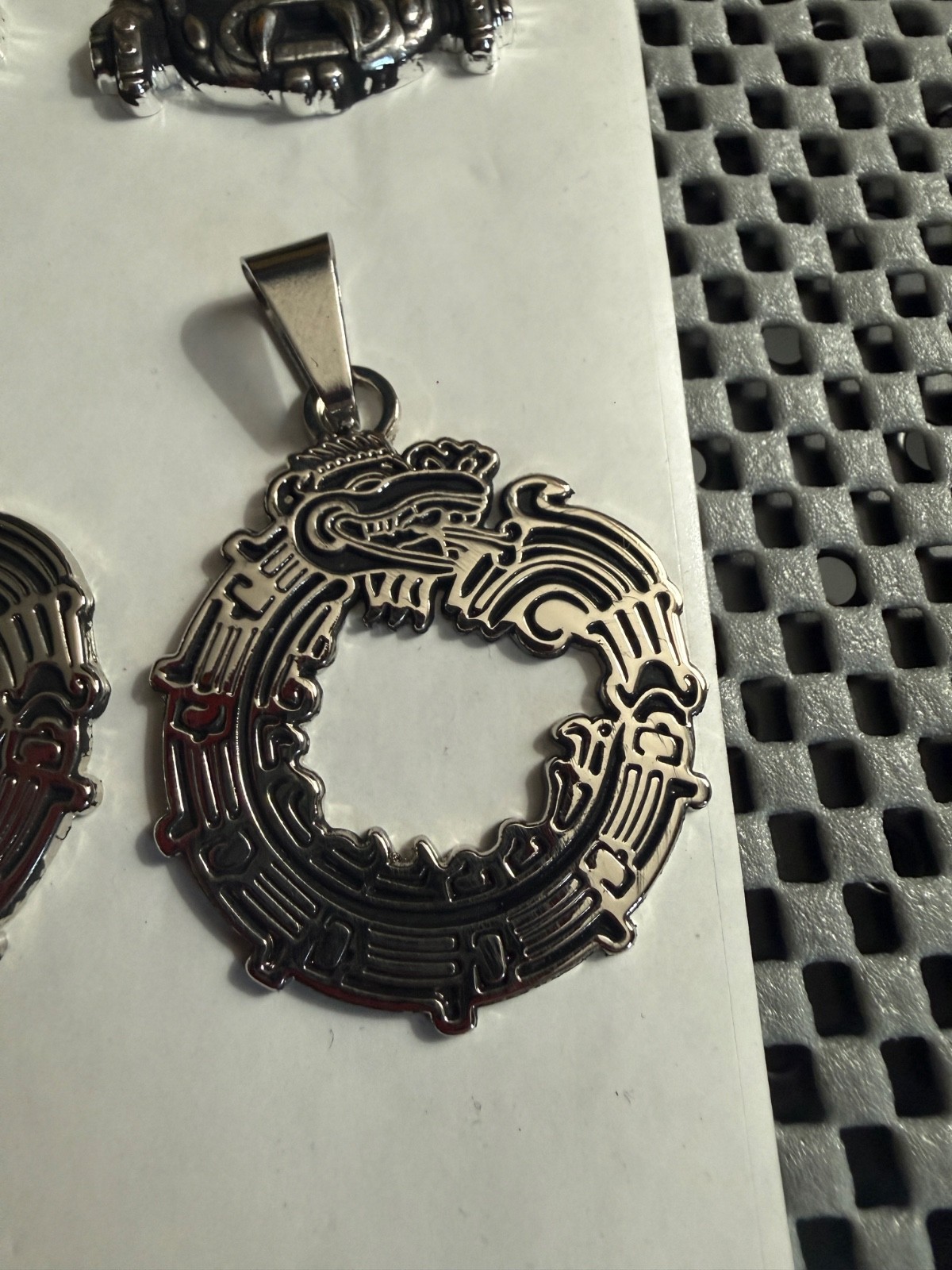 Aztec Quetzalcoatl Mayan Kukulkan Dragon Pendant, Antiqued Silver Tone Mexico#18