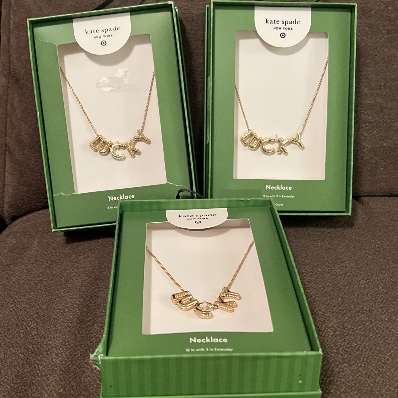 Target X Kate Spade Collab Lot – 3 Goldtone LUCKY Necklace (16″ w/ 3″ Extender