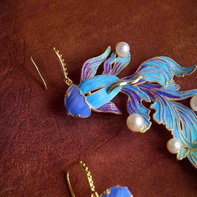 New New Chinese Ancient Blue Koi Fish Earrings Women’s Hanfu Accessory