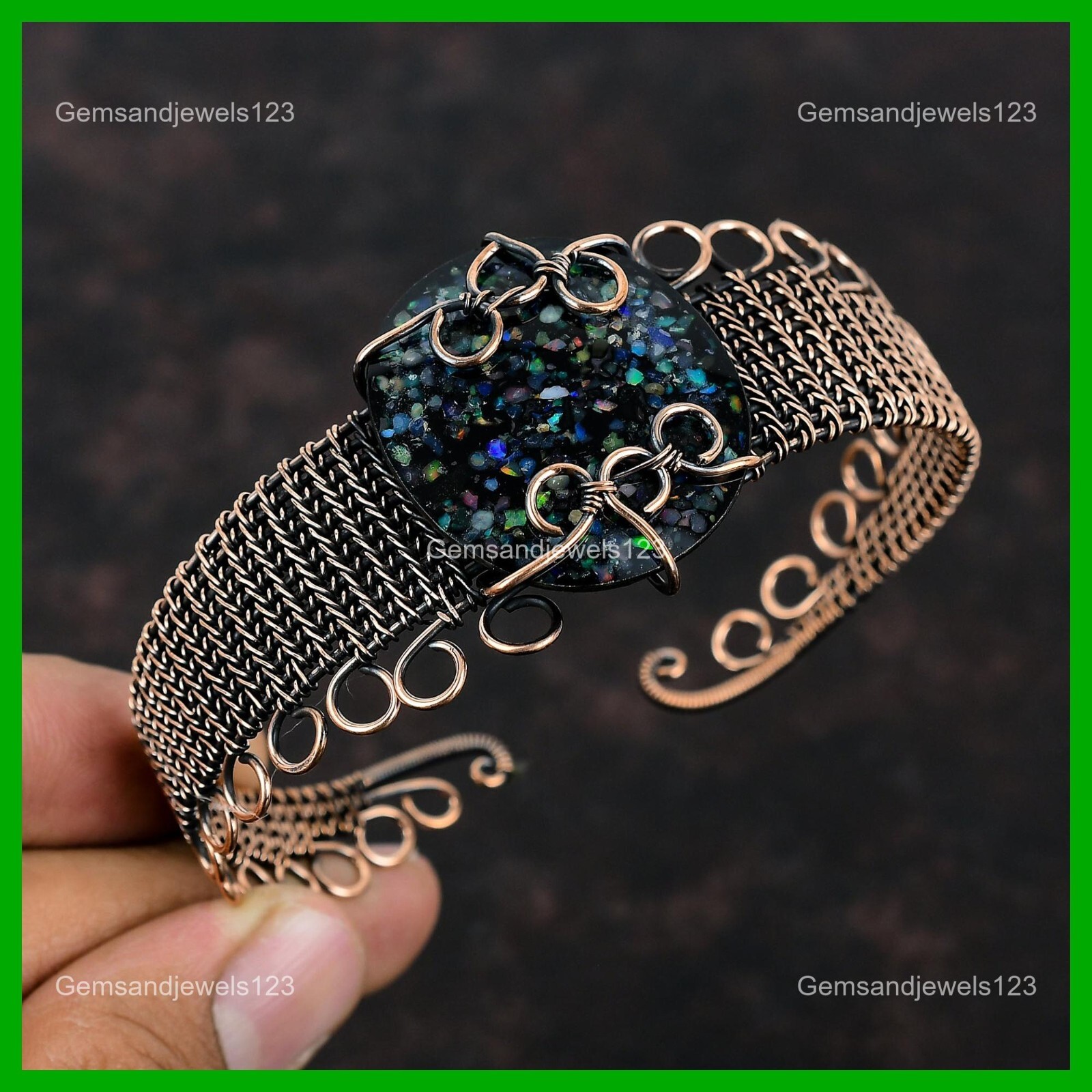 Womens day Deal Copper Black Ethiopian Opal Gemstone Wedding Wire Wrapped Cuff