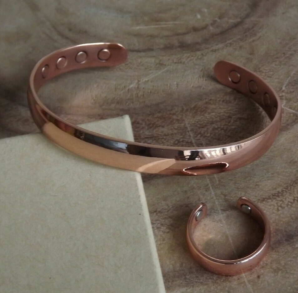 Solid Copper Magnetic Dome Bracelet & Ring Set Arthritis Men Women Cuff Ring