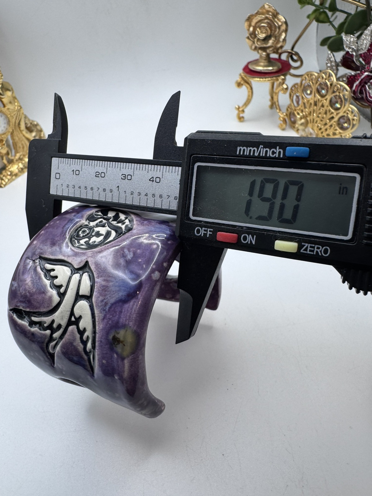 Rare signed SR ceramic bracelet, purple enamel, with heart and dove design