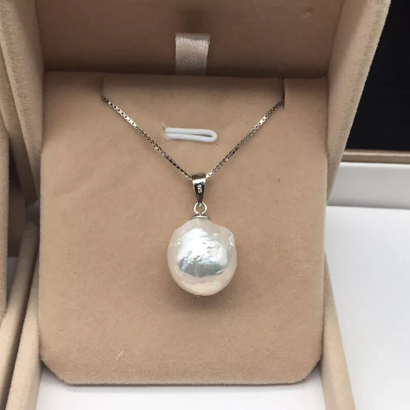 925S Natural 13-14 mm White Unusual Near Round Drip Baroque Pearl Pendant