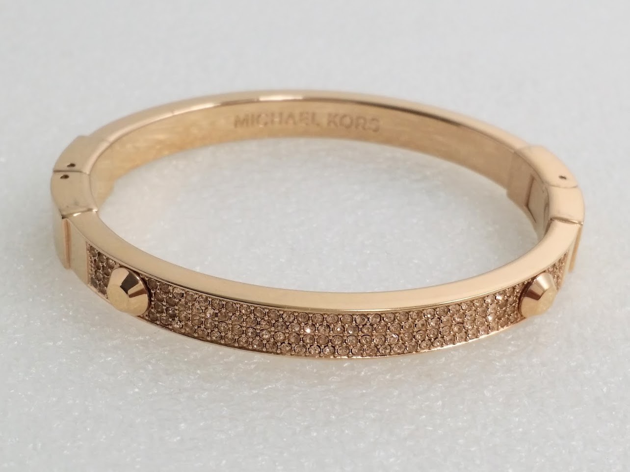 Signed Michael Kors Rose Gold Tone Champagne Crystal Slip On Bangle Bracelet
