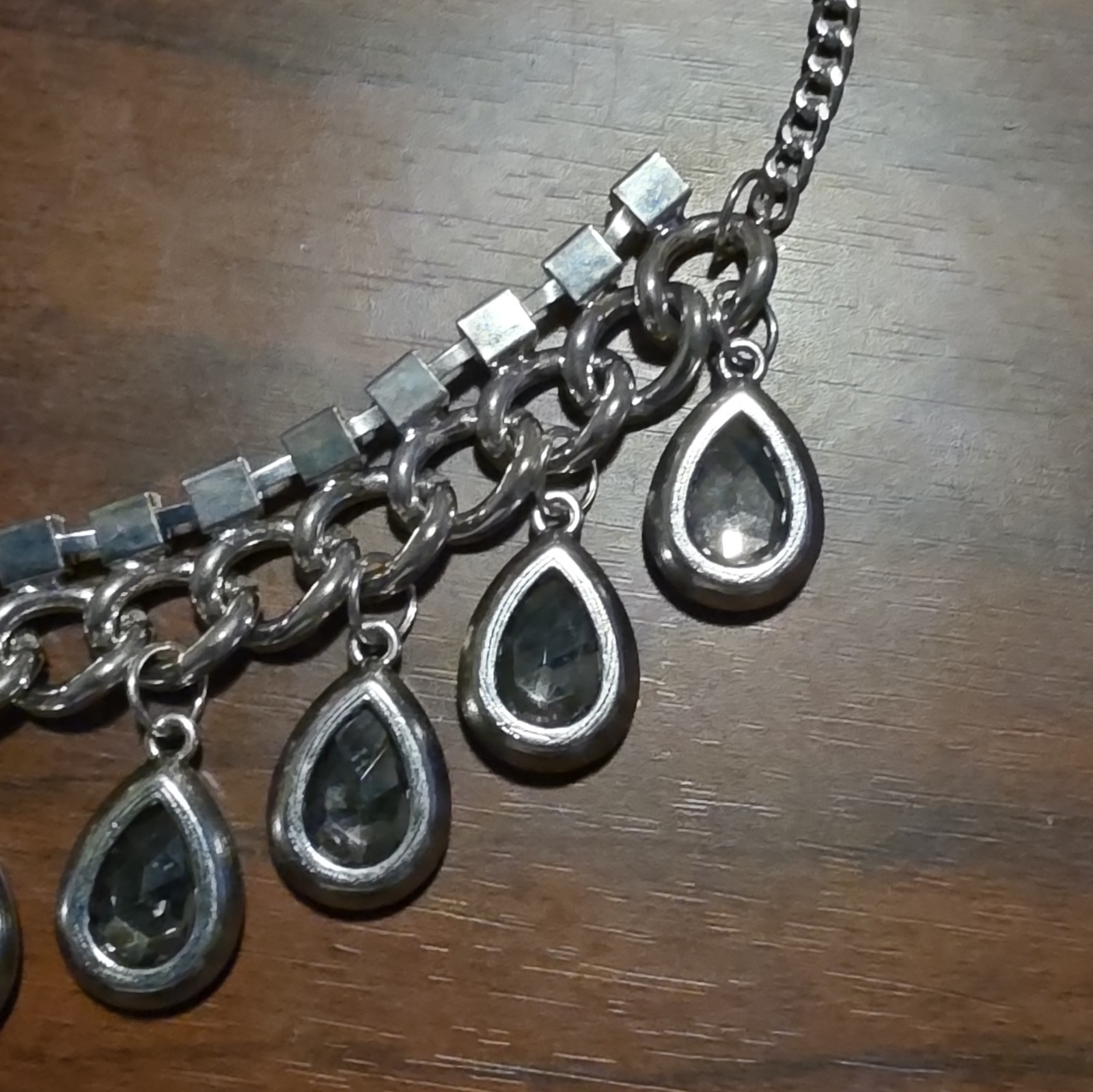 Silver Tone Curb Chain Statement Necklace Black Teardrop Rhinestone Charms Adj