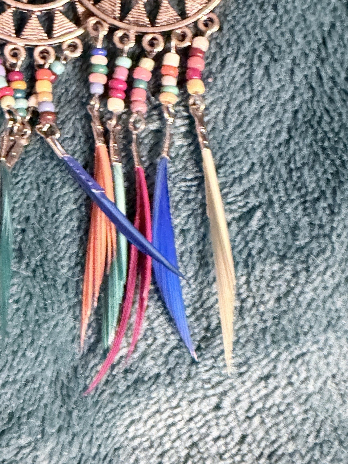 Boho Multicolor Feather Drop Earrings Turquoise Orange Dangle