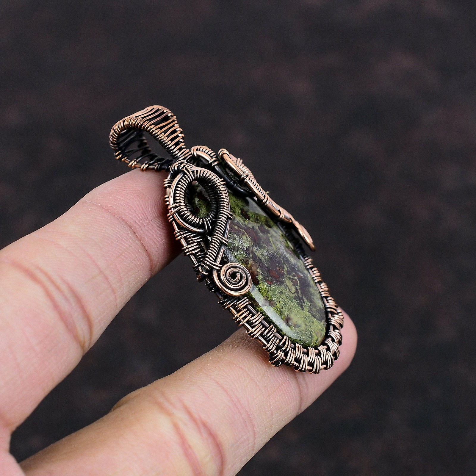 Oval Dragon Bloodstone Gemstone Wedding Wire Wrapped New Pendant Jewelry Copper