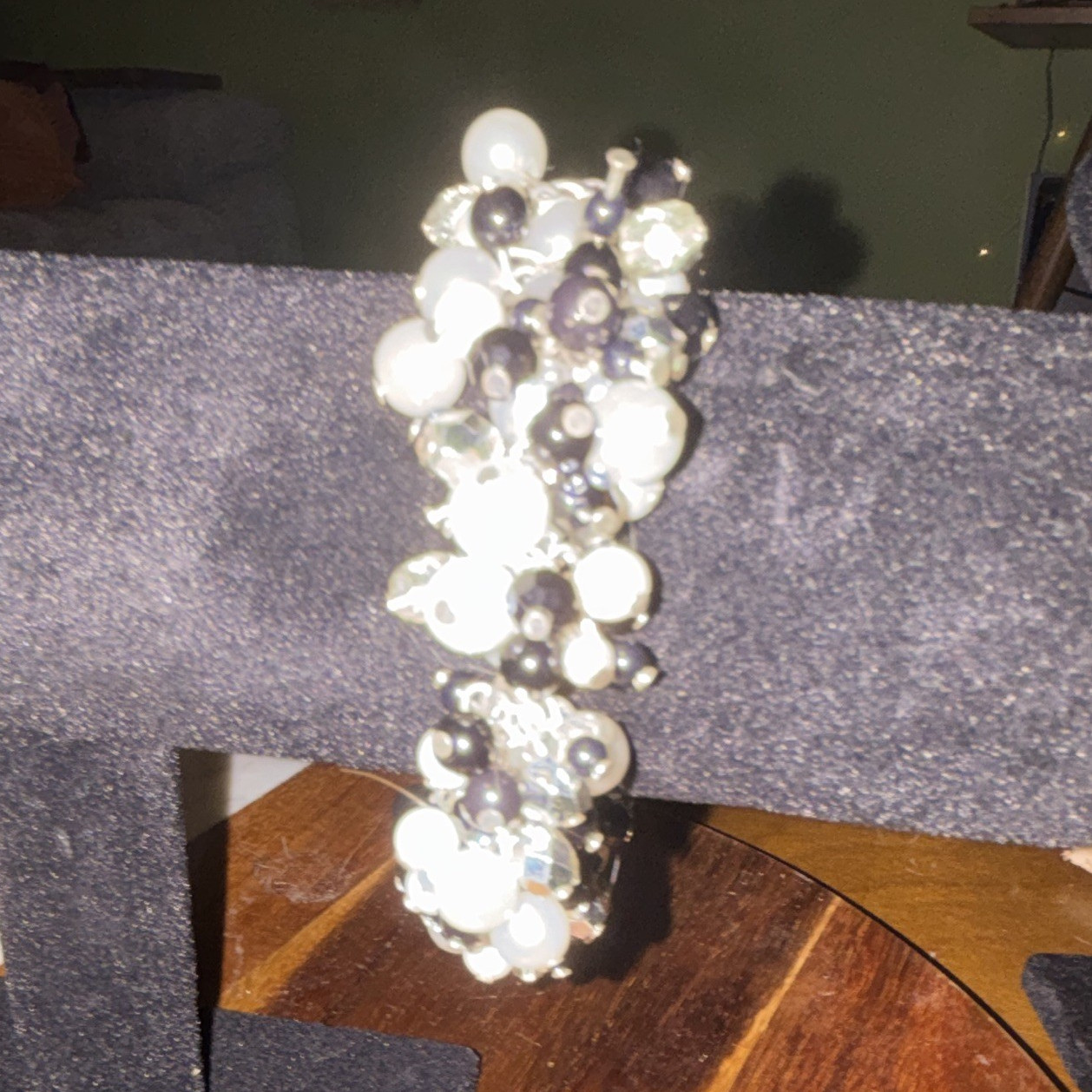 Silver Tone Black & White Round Pearl Beaded Charm Bracelet Clear Crystal
