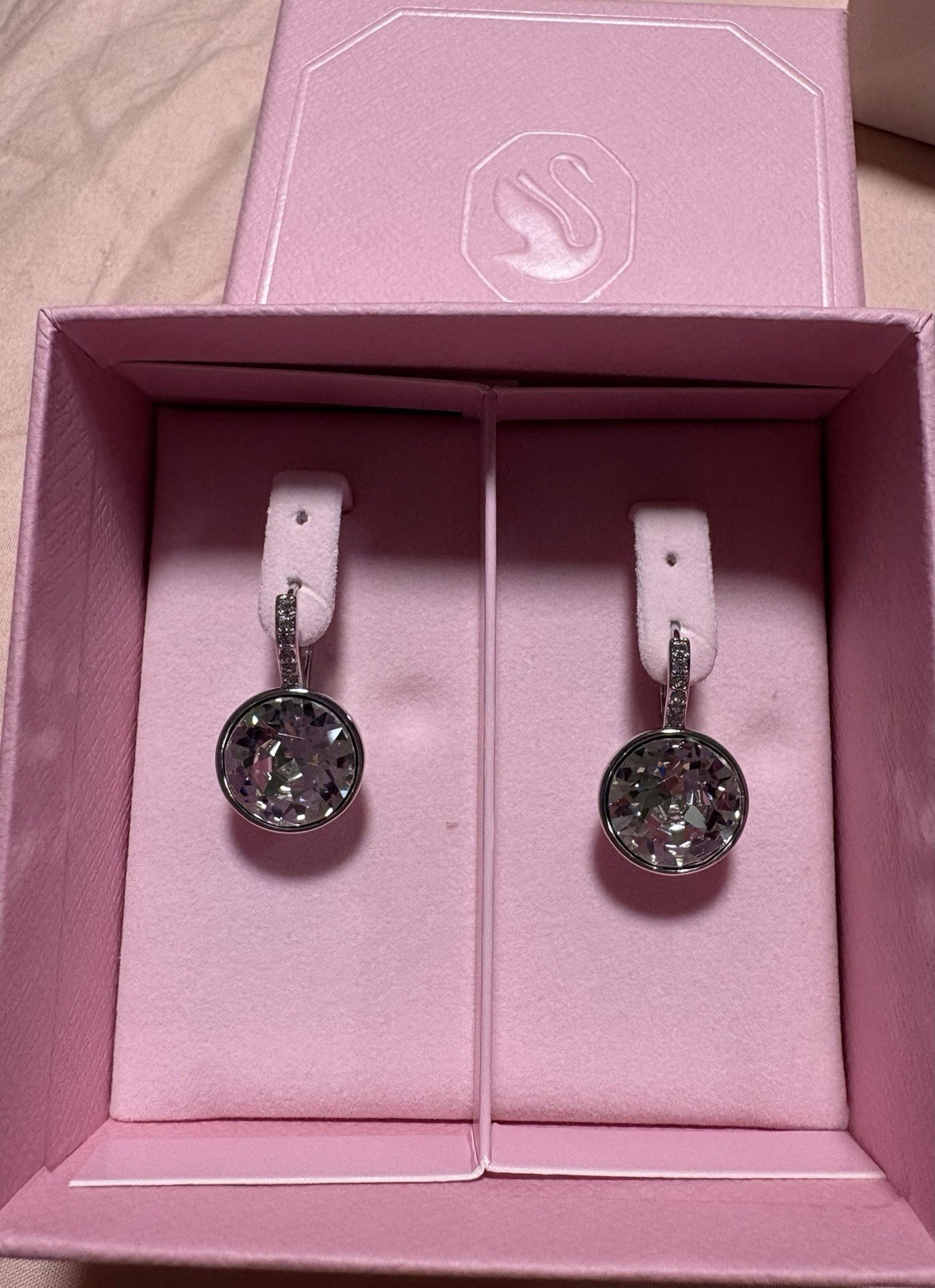 Swarovski Crystal Round Bezel Drop Dangle Earrings Silver Tone Leverback 5731149