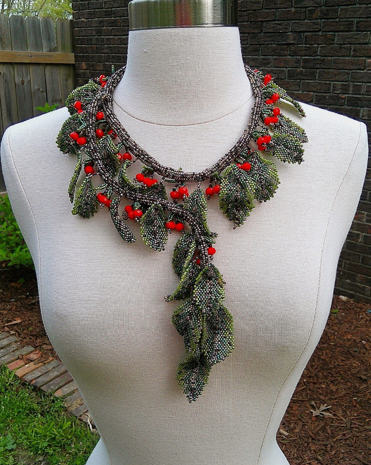 Gay Huntley Rowan Bough Beadwoven Double Branch OOAK Necklace & Earrings