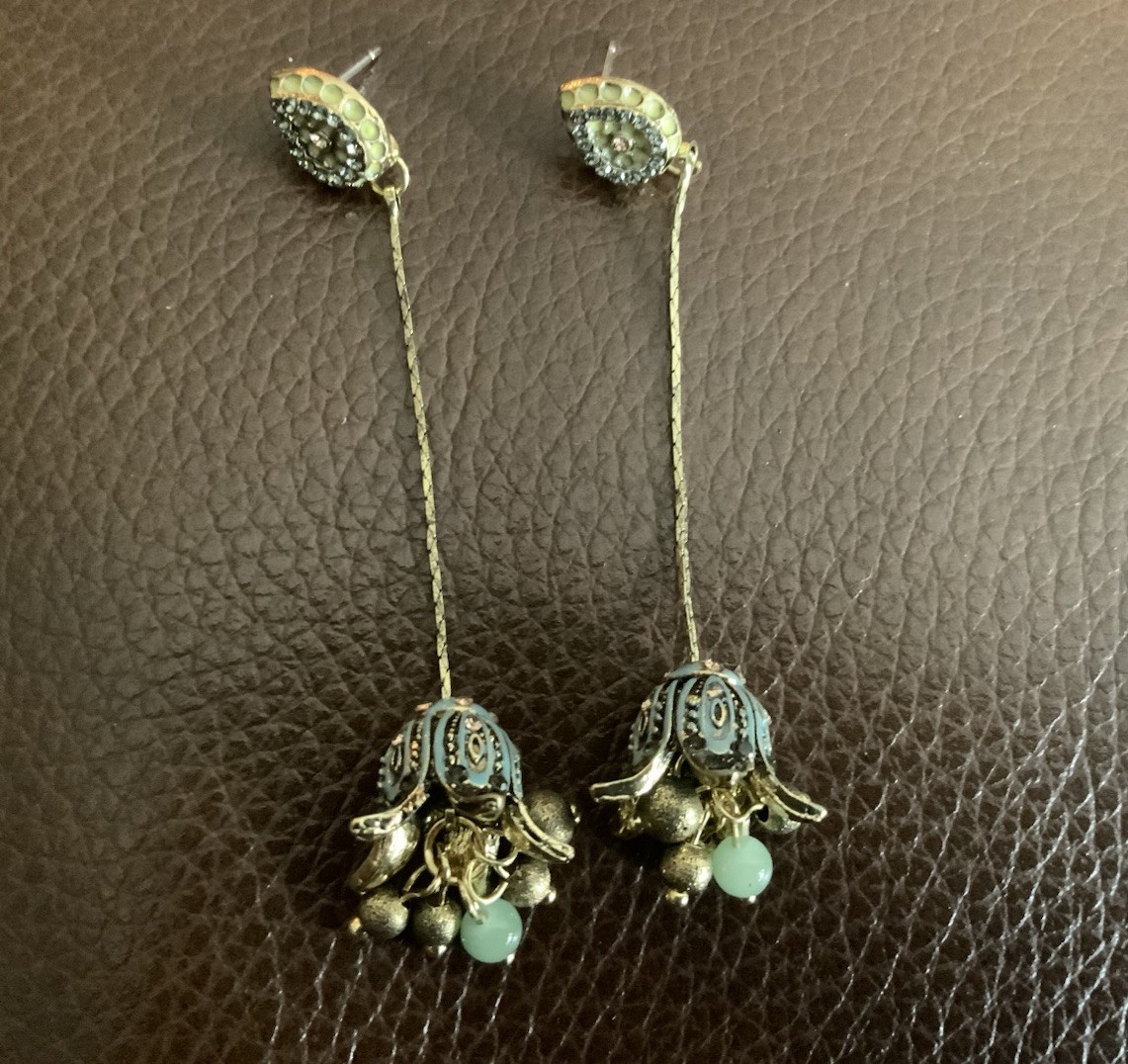 Art Deco Museum Flower Earrings Filigree VTG Gold Antique Bell Boho Chain CZ