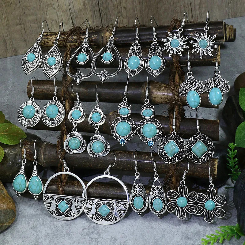 925 Silver Plated Retro Turquoise Drop Earrings Water-Inspired Jewelry 5.5 CM
