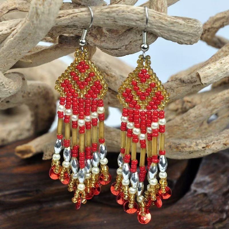 Handmade woven rice beads with tassel and tube earrings