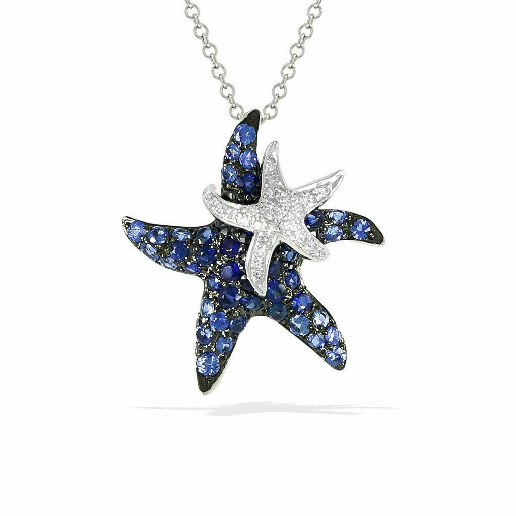 14k White Gold Plated 1 Ct Blue Simulated Sapphire Starfish Pendant Necklace
