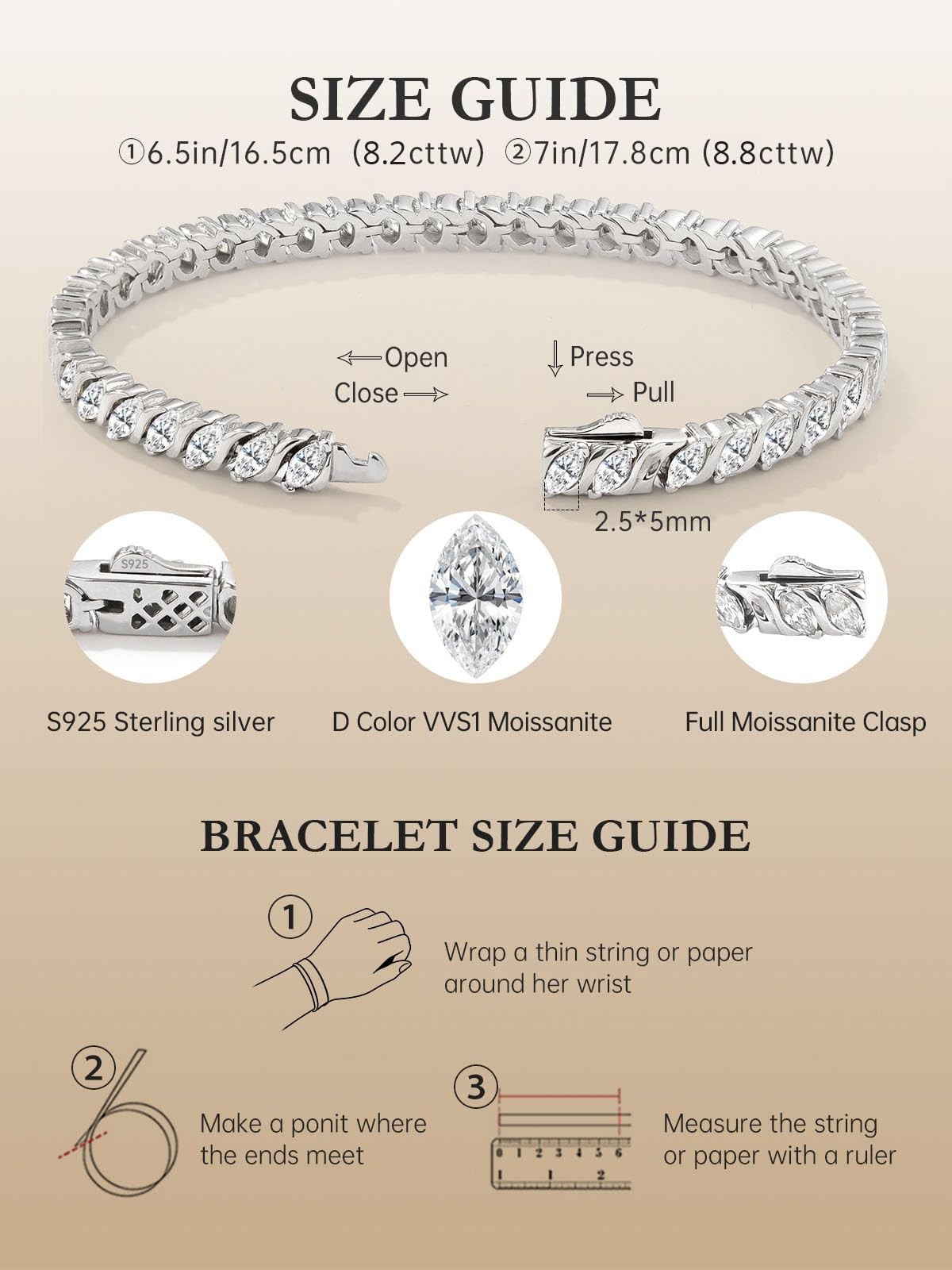LOIPURI Moissanite Tennis Bracelets for Women Wave 6.5Inch, White Gold
