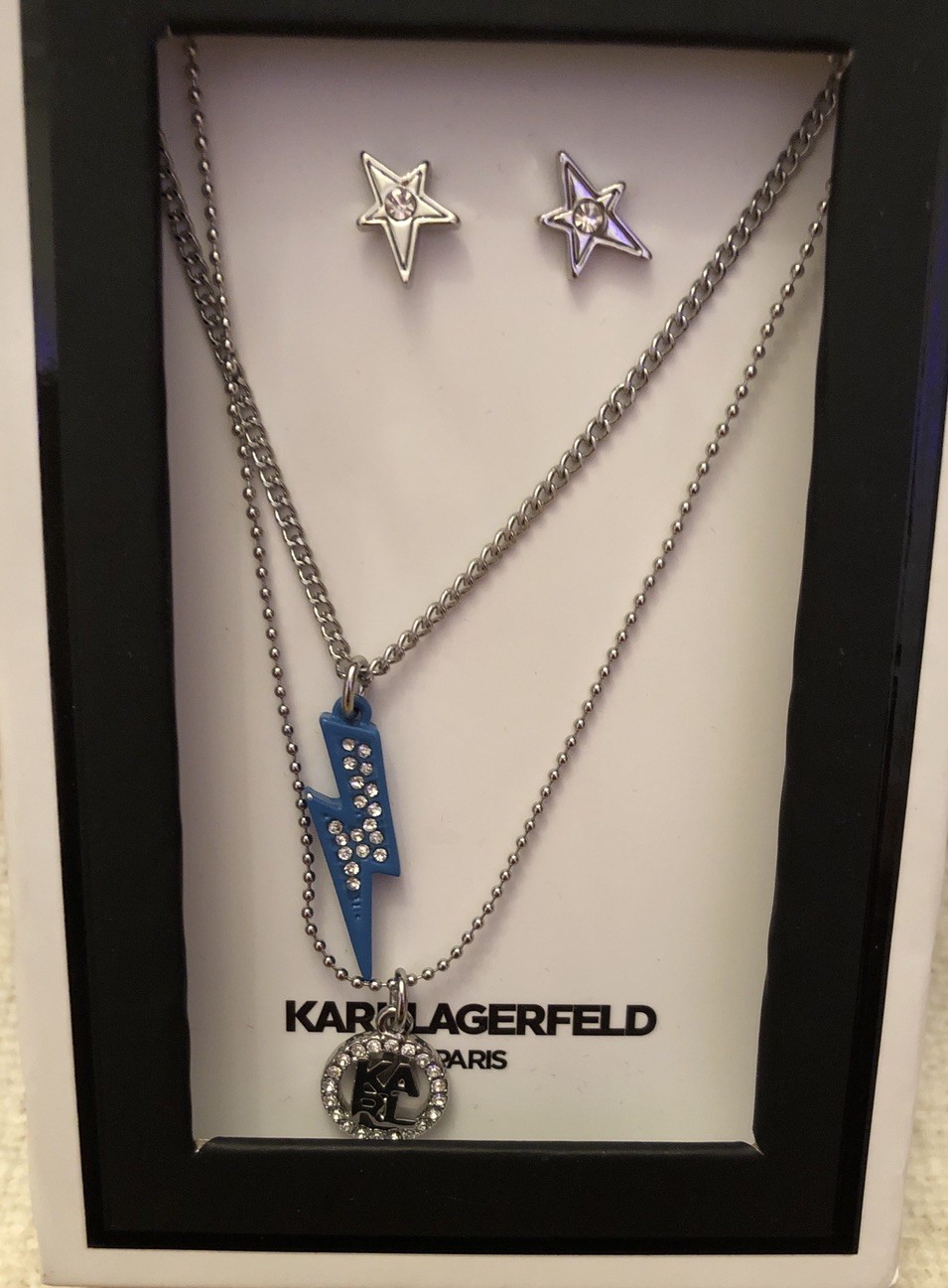 Karl Lagerfeld Lightning Bolt & Karl Layered Necklace & Star Stud Earrings NIB