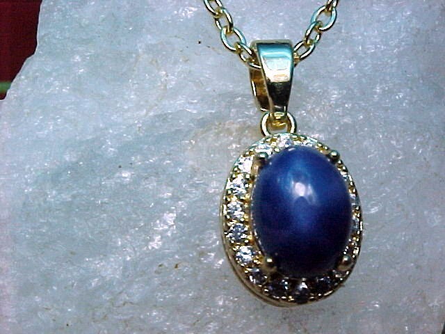 Blue Star Sapphire Pendant 8x6mm & White Topaz 925/Yellow Gold Plate w/ Chain