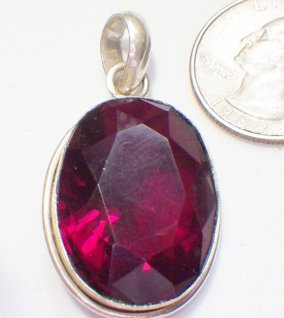 Gorgeous Signed Large Dark Red Oval Bezel-Set Crystal Pendant 1 7/8 x 1″