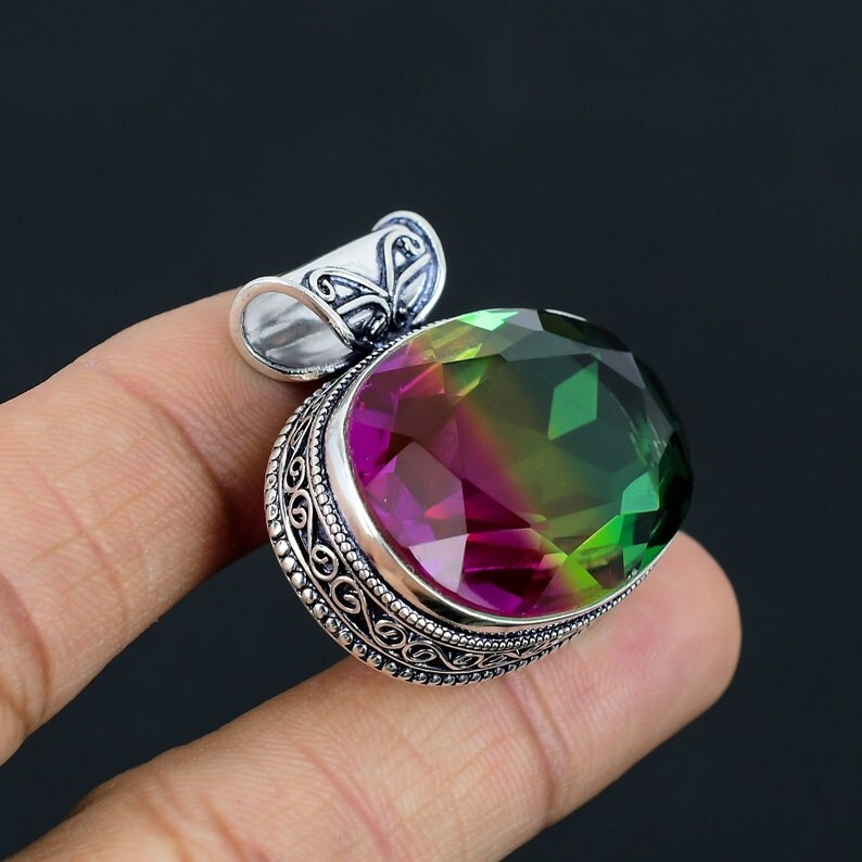 Bi-Color Tourmaline Gemstone Pendant Handmade 925 Sterling Silver Pendant