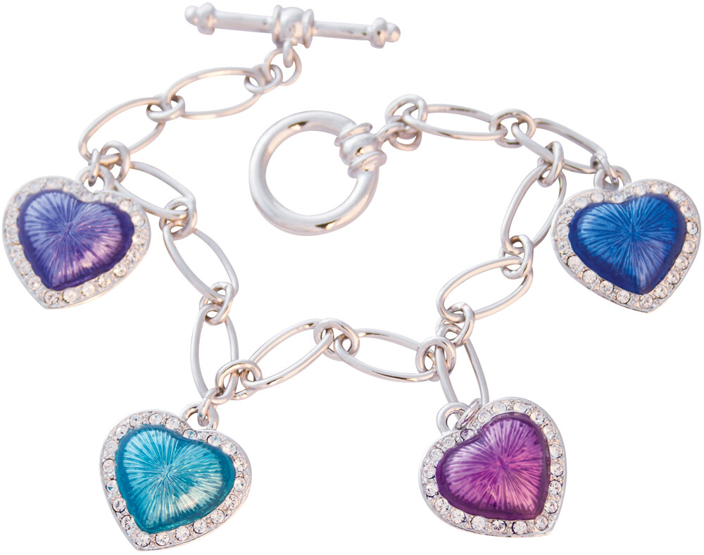 Rhodium Plated Multi-Coloured Heart Charm Bracelet Set With Enamel And Crystals