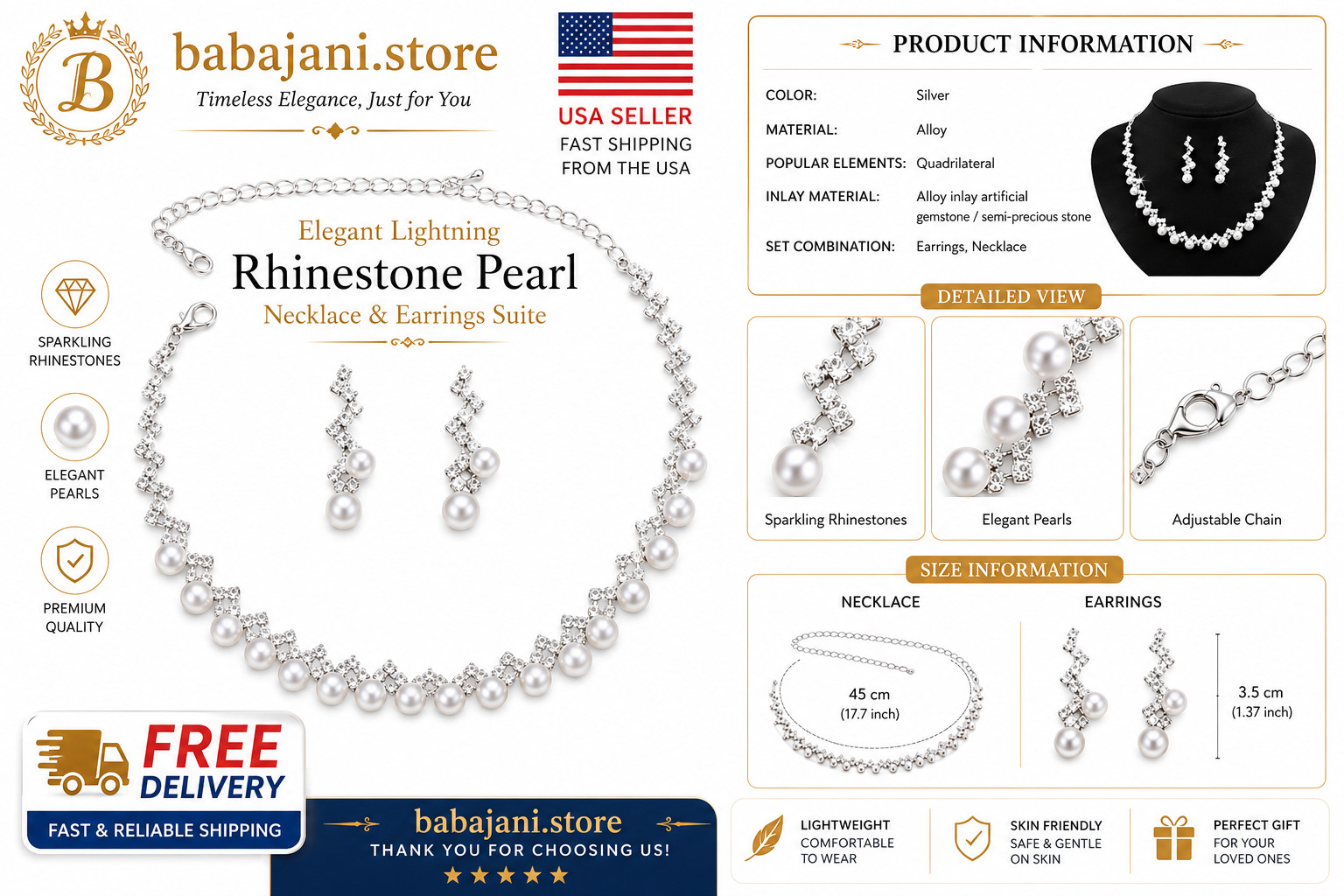 Elegant Lightning Rhinestone Pearl Necklace & Earrings Set Silver Crystal Pearl