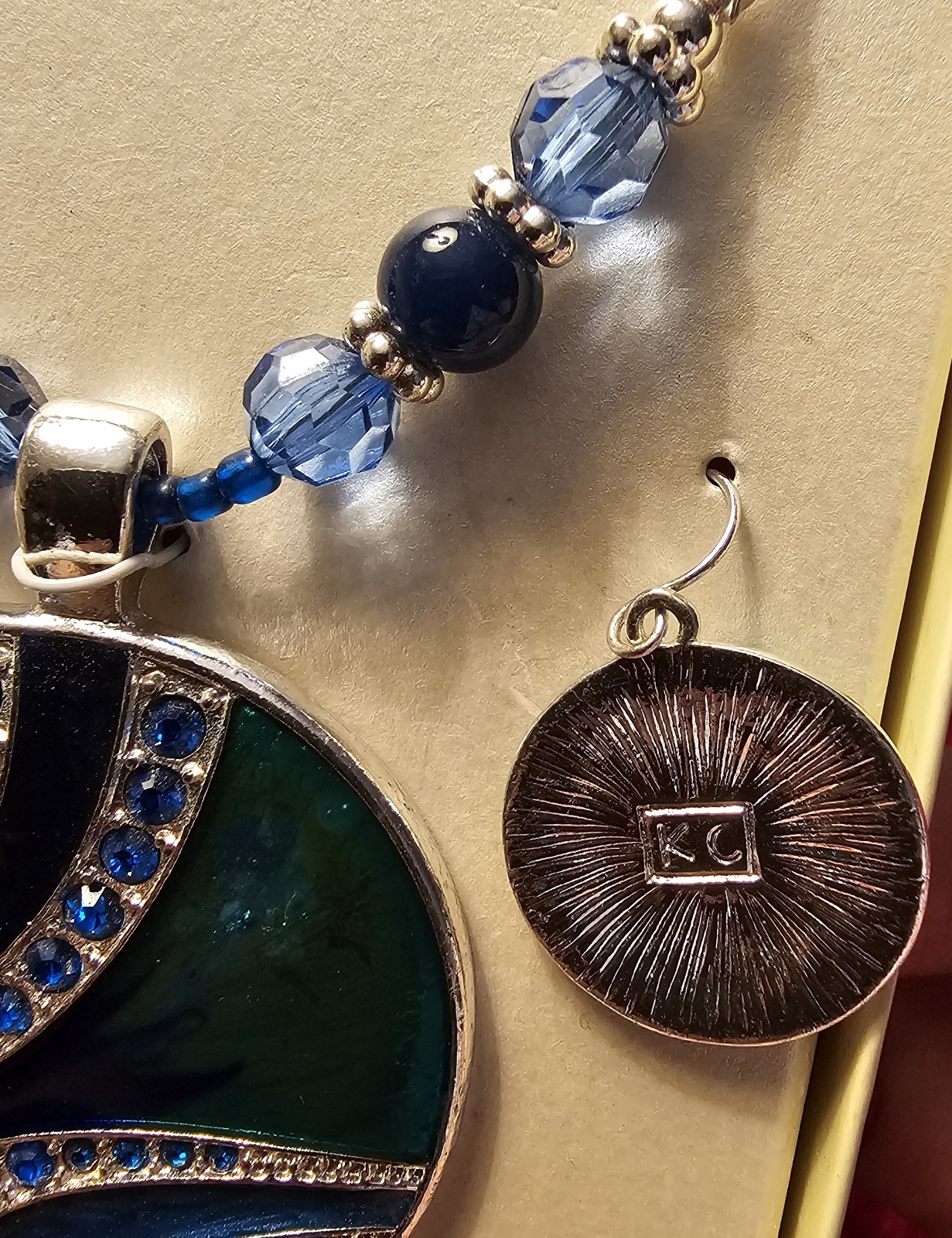 Kim Rogers Signed Blue Green Pendant Necklace & Earrings Enamel Set