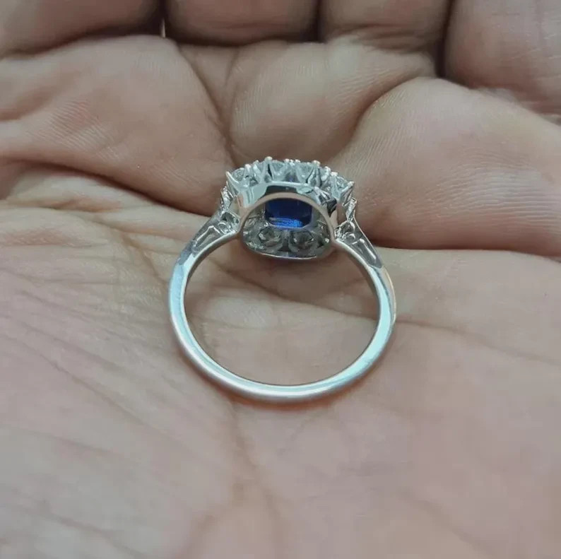 Vintage Blue Sapphire Halo Ring 925 Sterling Silver Art Deco Engagement