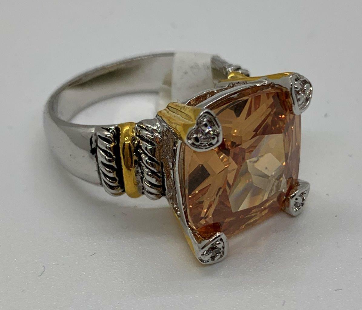 Elegant Silver Large Topaz Ring with Cubic Zerconia Surrounded Fashion Jewelry