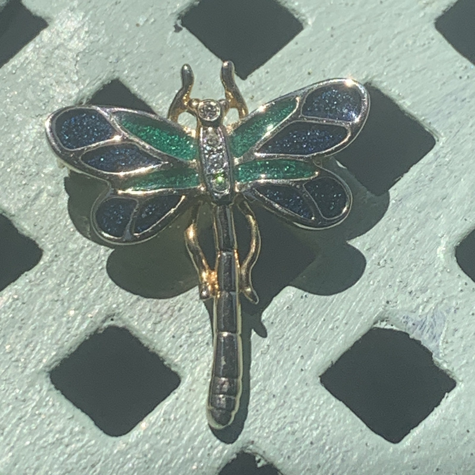 Vintage Gold Tone Dragonfly Brooch – Green & Blue Enamel, Crystal Accents