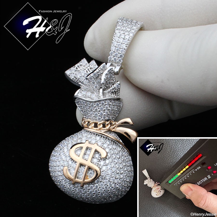 MEN SOLID 925 STERLING SILVER ICY MOISSANITE 3D $ SIGN MONEY BAG PENDANT*MRGP561