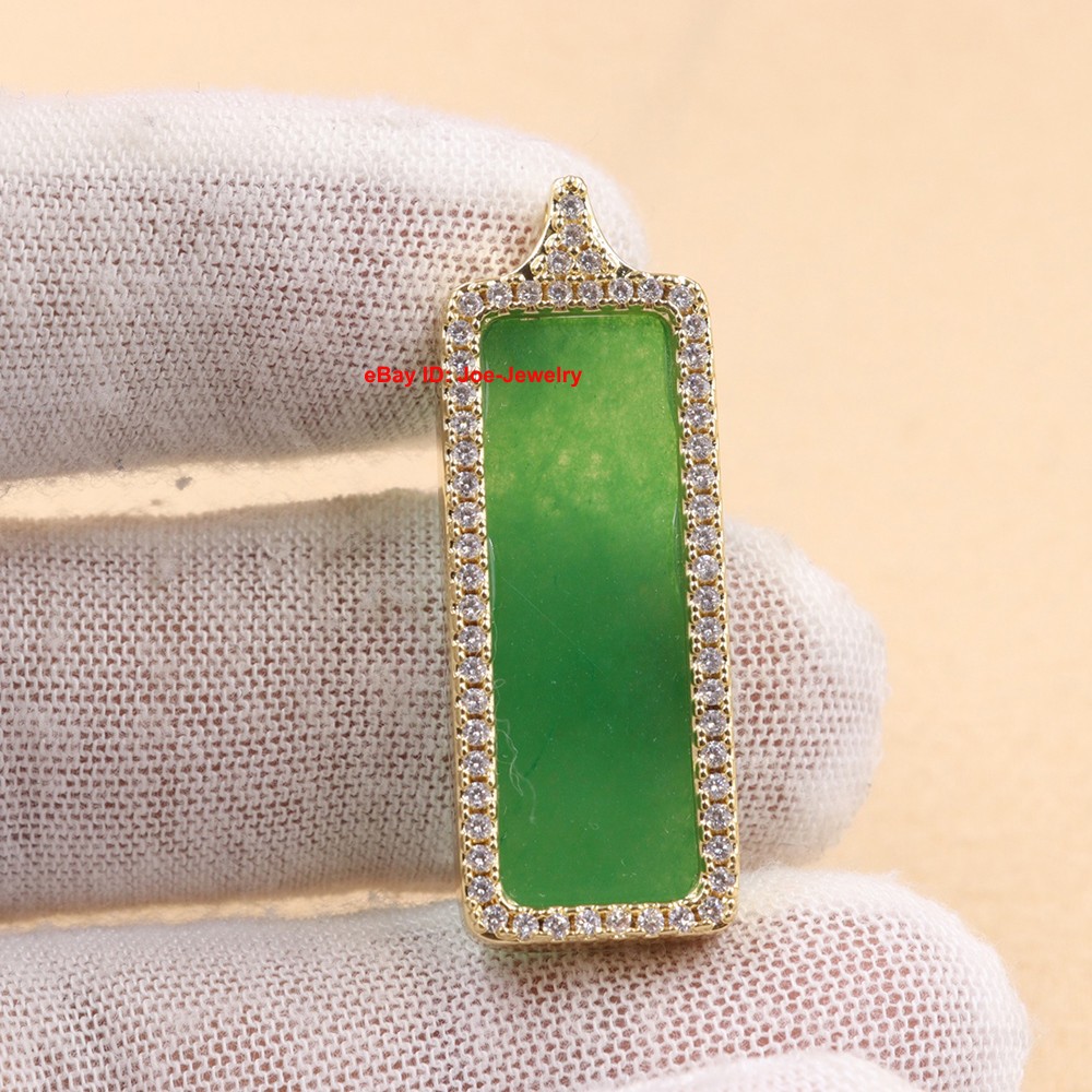 NEW Yellow GP Alloy Pendant Heated Green Jade Rectangle- Lucky Amulet Pendant