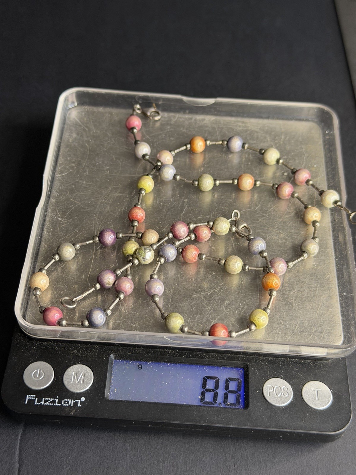 Sterling Silver 925 Multicolor Ceramic Enamel Bead Necklace Bracelet Set 18” 8”