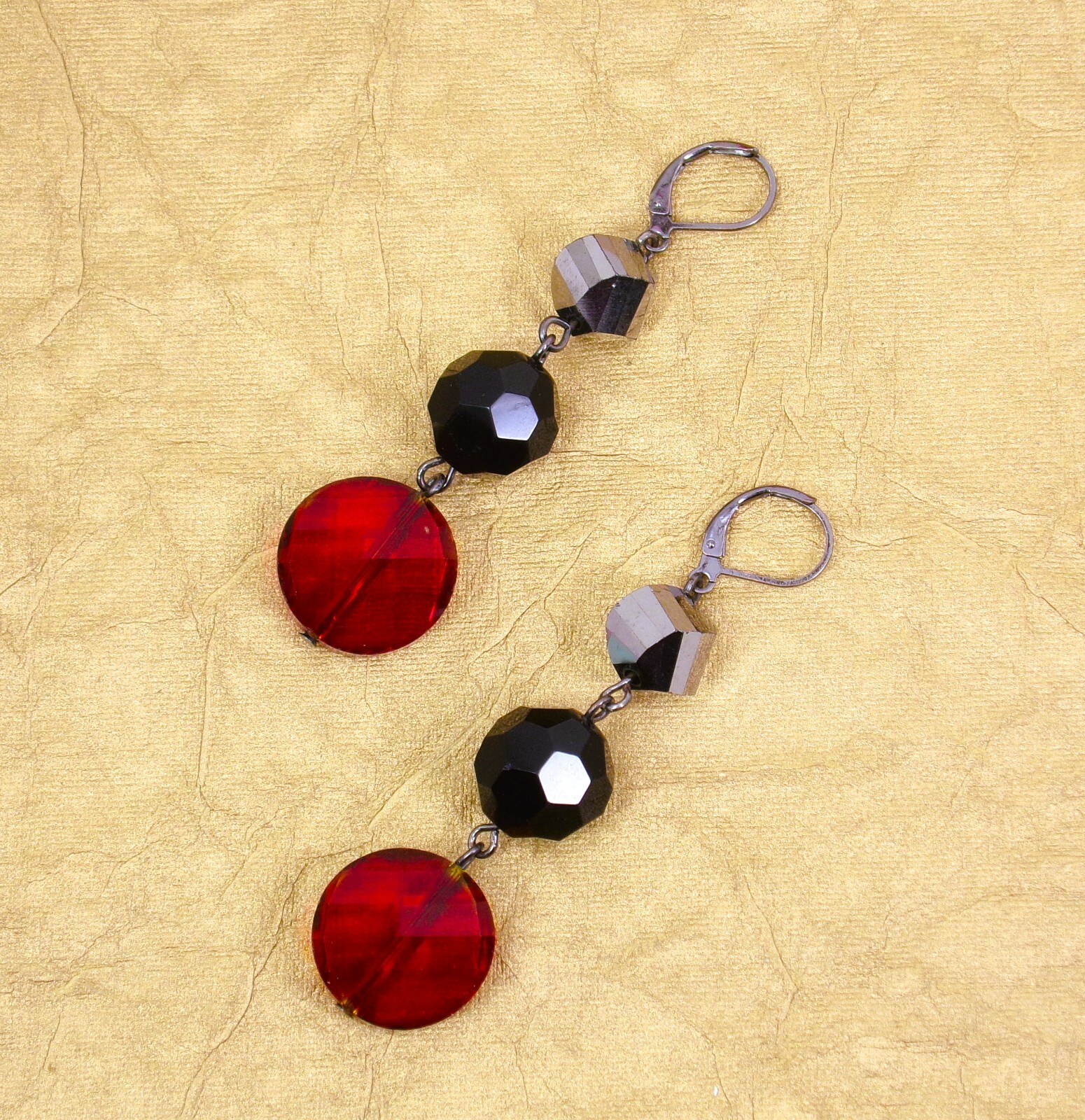 Red, black, and gray glass bead earrings 2.20″ long fashion elegant earrings New