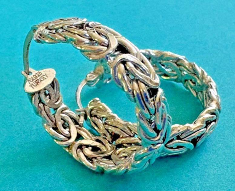 AK 925 Sterling Silver Byzantine Hoop Earrings Turkish Woven Chain Maille