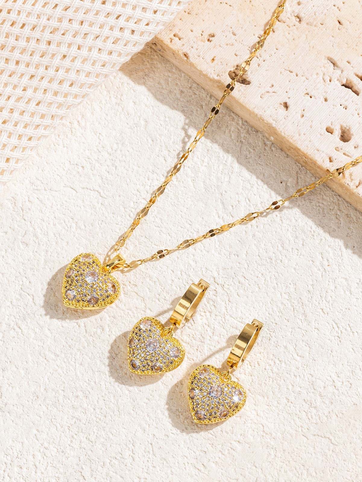 Gold Tone Heart Clear Rhinestone Love Jewelry Set Necklace & Earrings