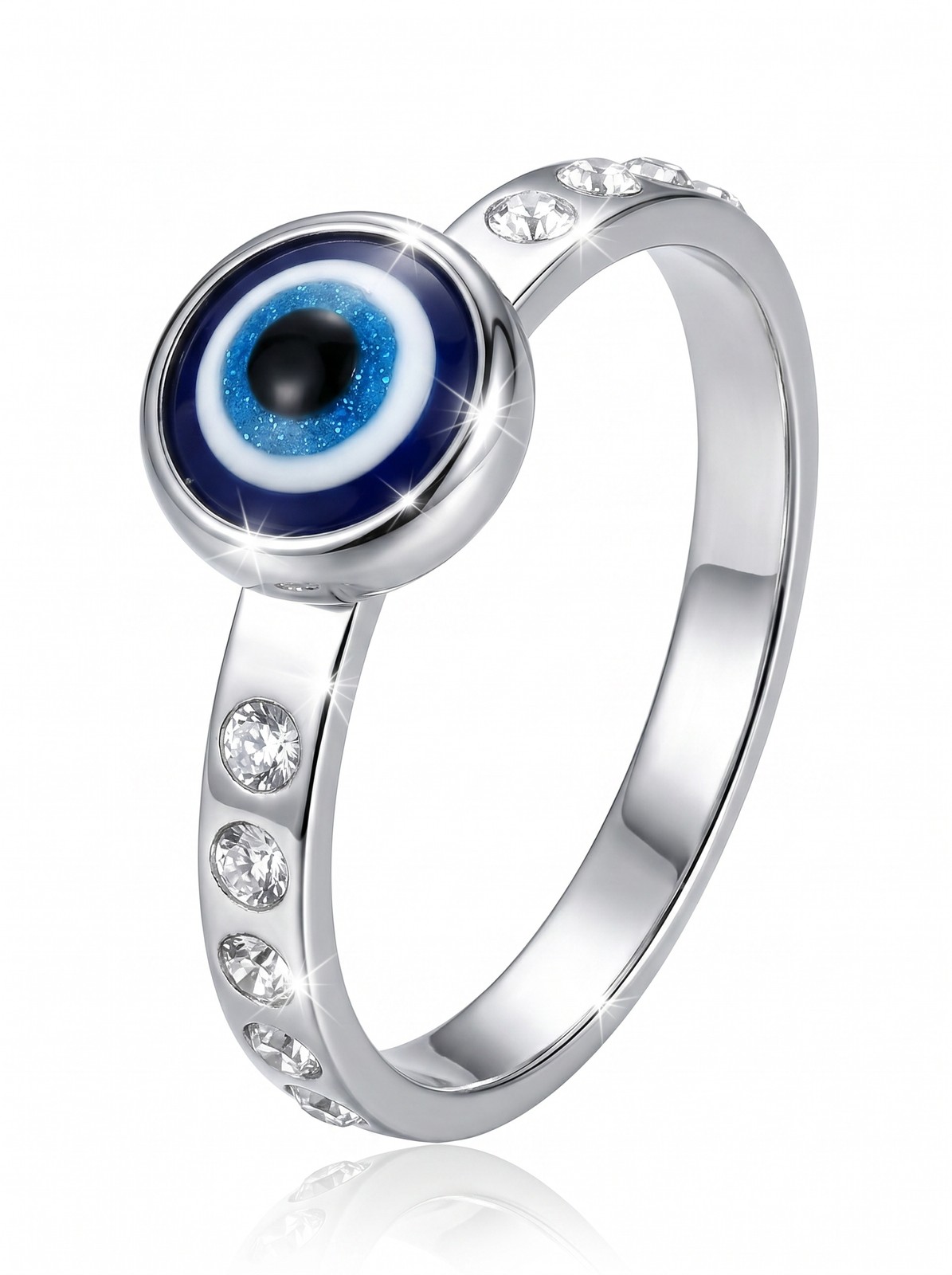 Evil Eye Protection Ring – Silver-Tone Talisman Band with Blue Enamel & Crystals
