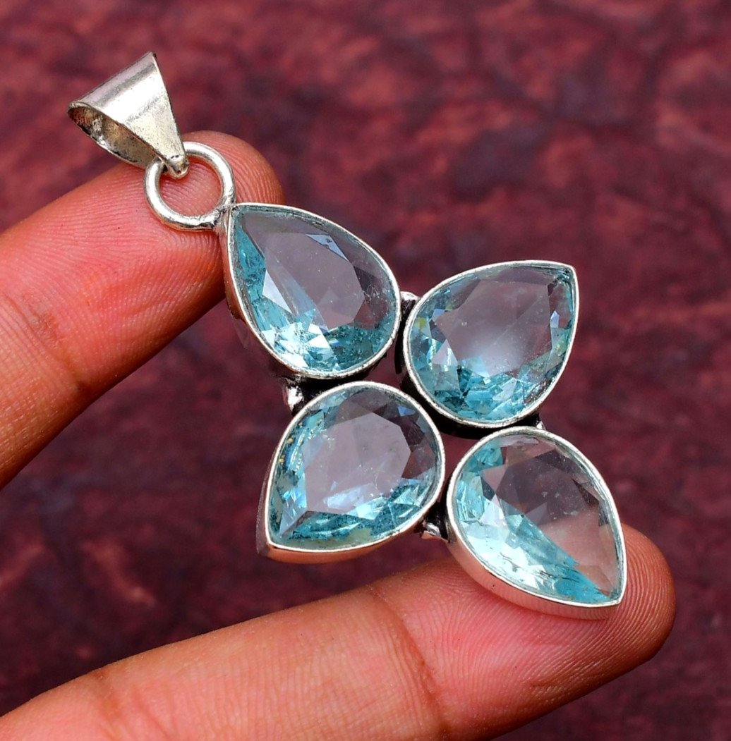 Aquamarine Gemstone 925 sterling silver Handmade Cross Pendant jewelry 2.28″
