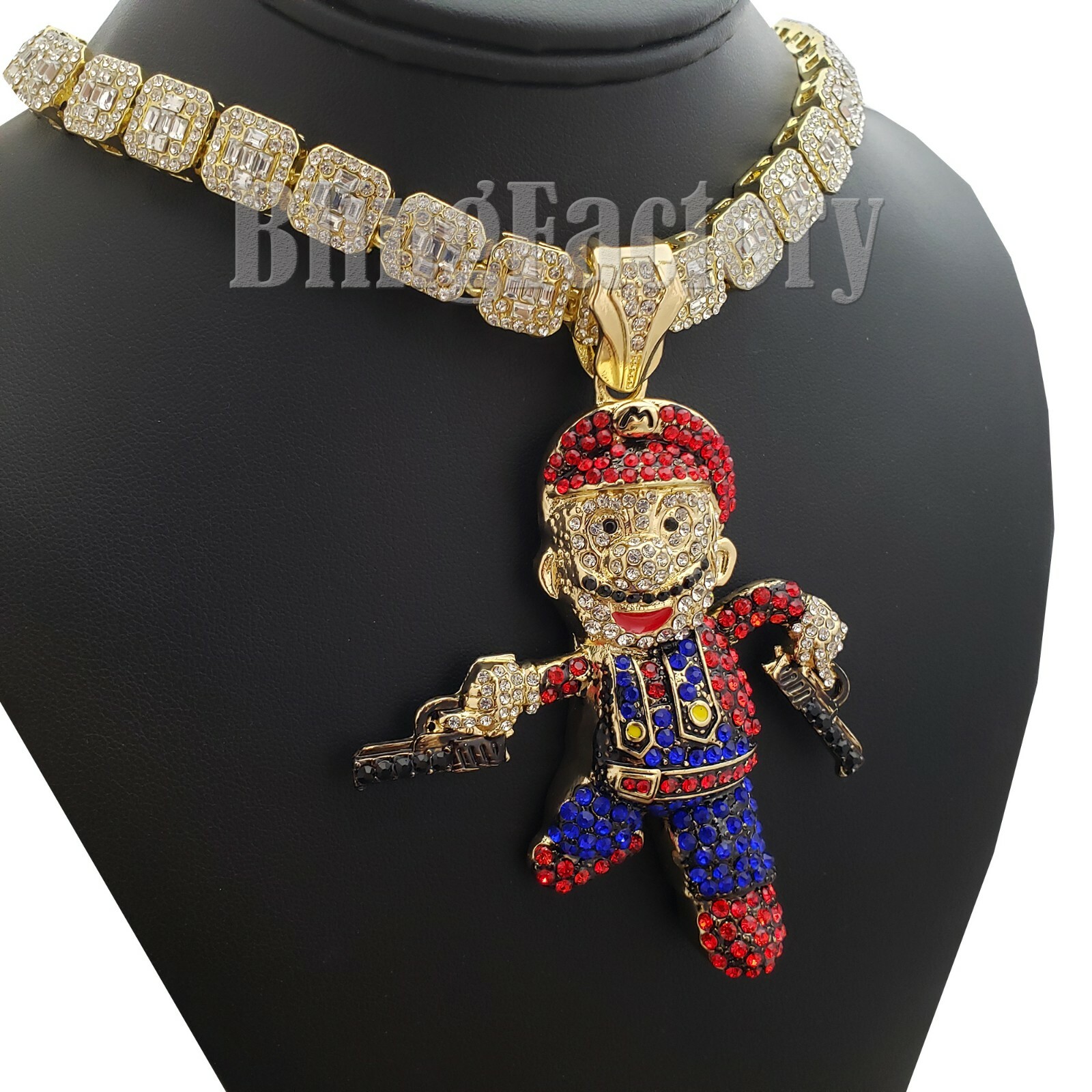 Hip Hop Mario Gun Man Pendant & 16″ Iced Bust Down Choker Chain Bling Necklace