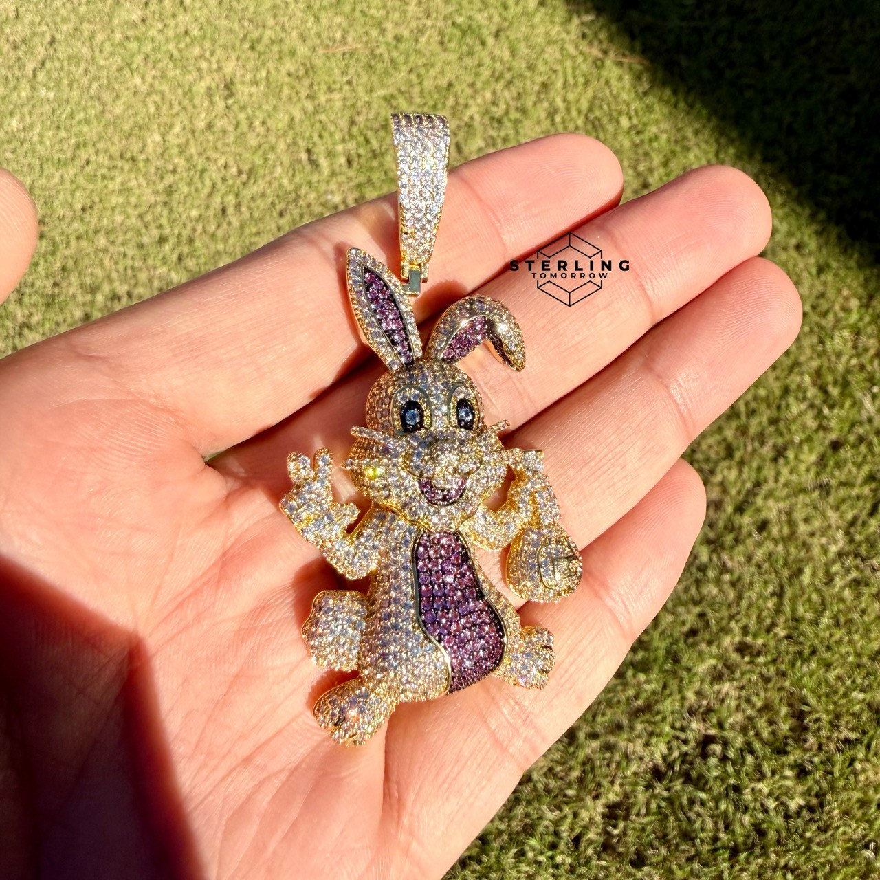 Iced Out Easter Bunny Pendant Purple CZ Gold Hip Hop Rabbit w/ Rope Chain