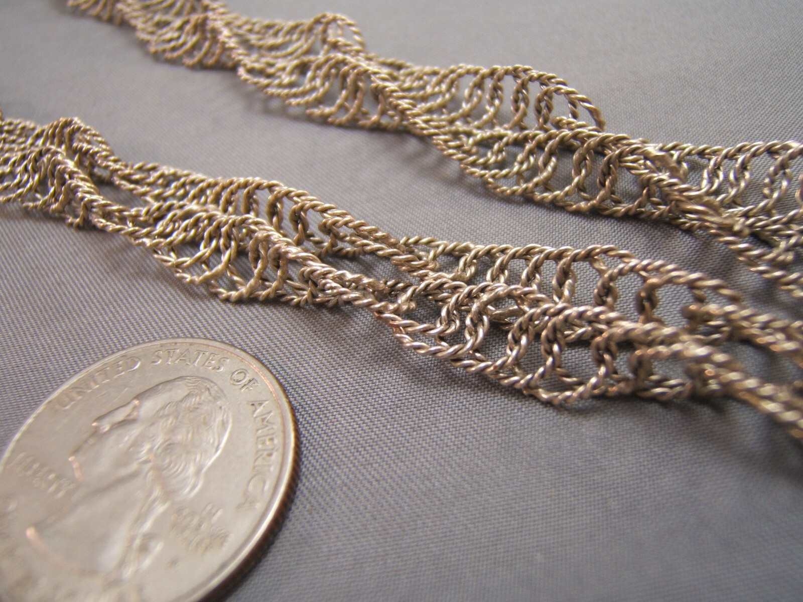 Handmade Twisted Wire Circles Link Silvertone Chain Necklace 62″ Long