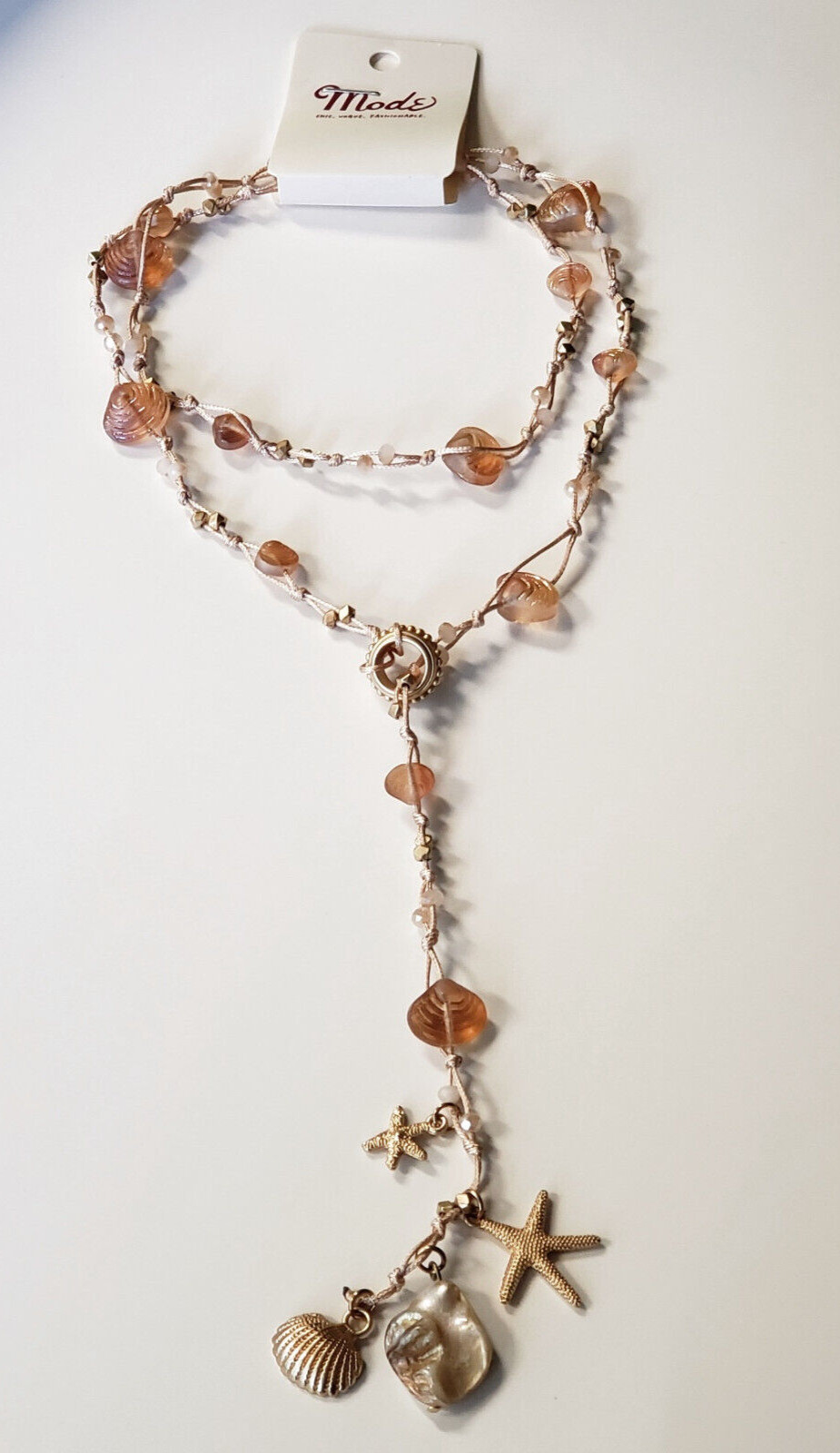 Sea Life Starfish Glass Shell Coral Beach Woven Rope Y Lariat Long Necklace NWT
