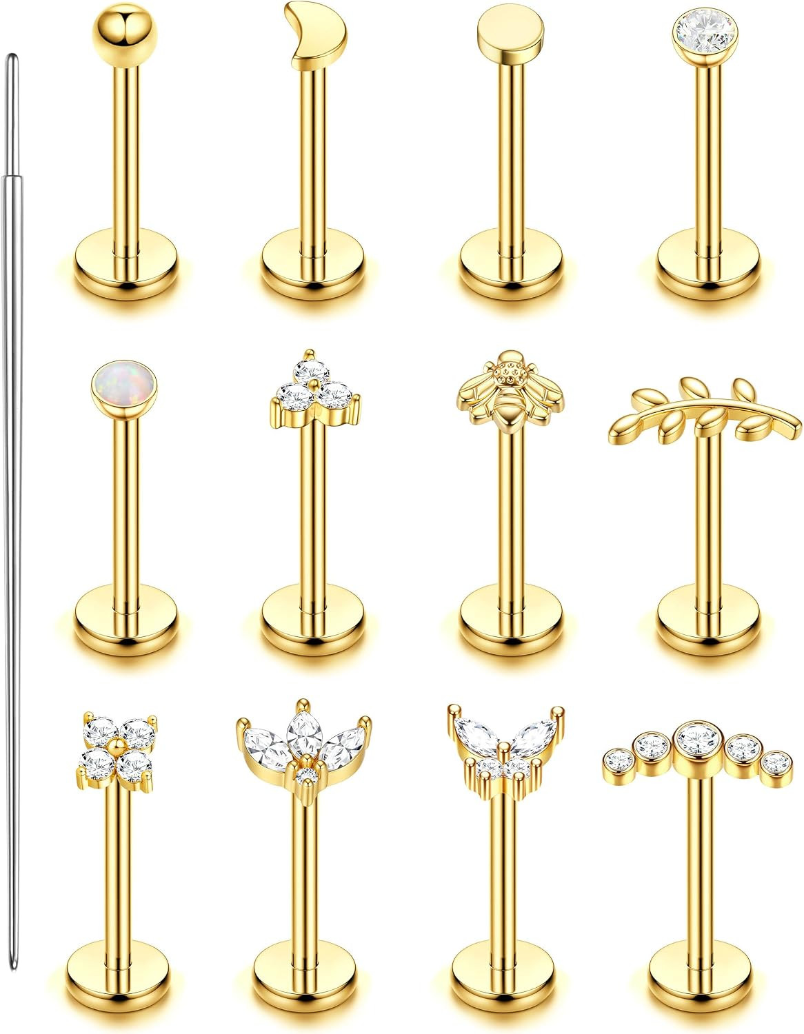 14K Gold Plated Threadless Flat Back Earrings for Women Men 316L Surgical Steel
