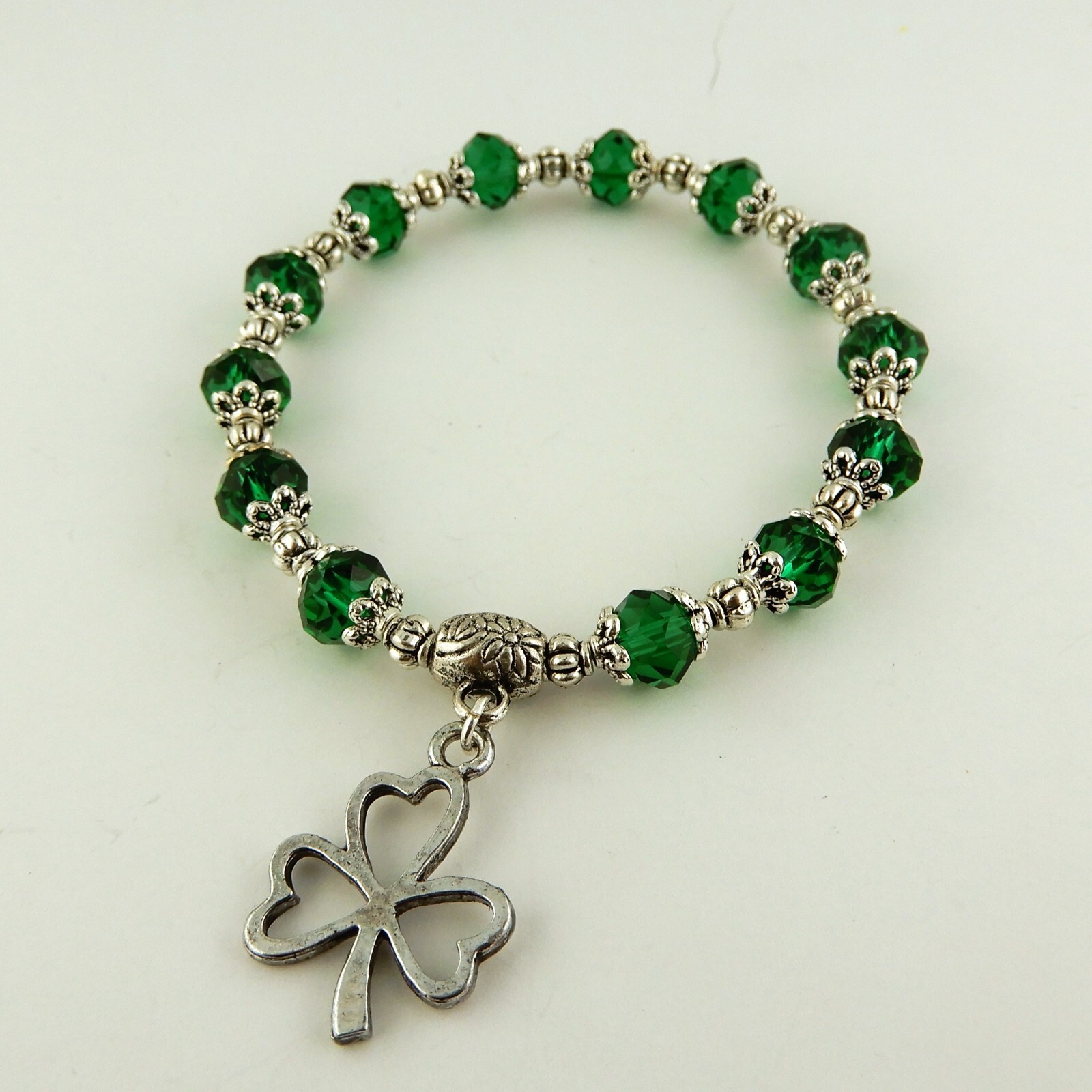 Irish Shamrock stretch bracelet with Green Crystal beads for St. Patrick’s Day